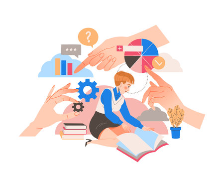 Female Student Character Learning Multitasking Switching Between Different Activities Vector Illustrationのイラスト素材