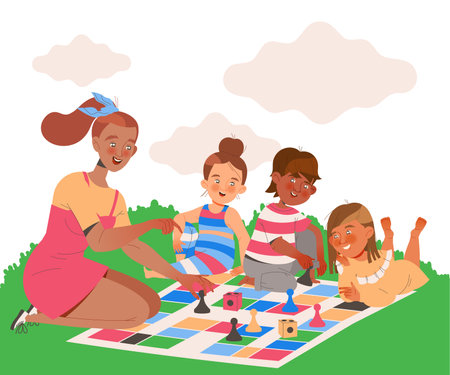 Mother with Kids Playing Board Game Gathered Outdoor Together Having Fun on Weekend Vector Illustrationのイラスト素材
