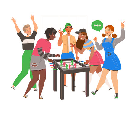 Group of Friends Playing Table Football Board Game Gathered Together Having Fun on Weekend Vector Illustrationのイラスト素材
