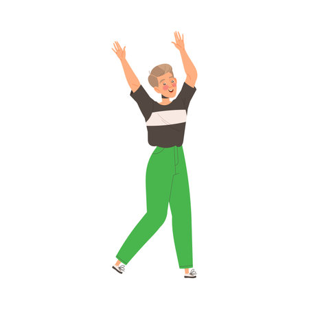 Young Man Character Raising Hands in Triumph Showing Hand Gesture Expressing Positive Emotion Vector Illustrationのイラスト素材