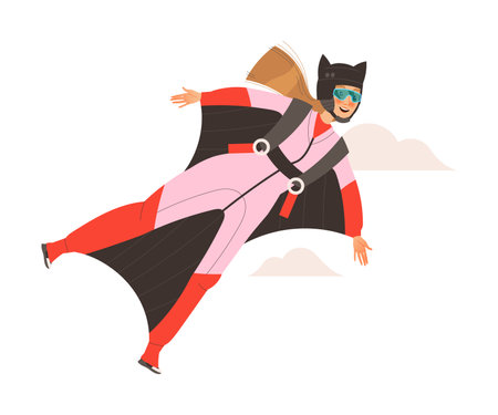 Happy Woman Wingsuit Flying or Wingsuiting as Skydiving Extreme Sport Activity Vector Illustrationのイラスト素材