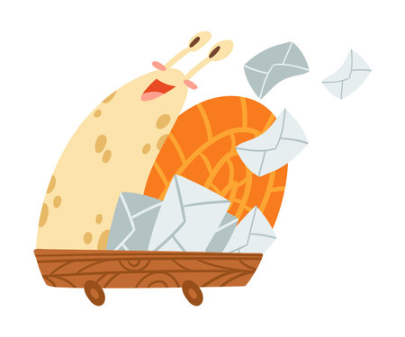 Cute Snail Character with Coiled Shell Riding Trolley with Envelope Vector Illustrationのイラスト素材