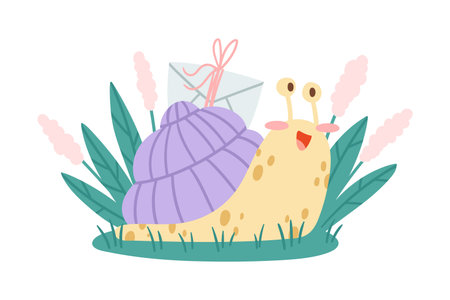 Cute Snail Character with Coiled Shell Carrying Letter Envelope on Its Back Crawling on the Grass Vector Illustrationのイラスト素材