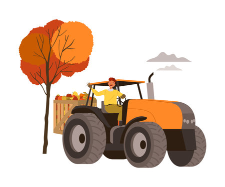 Smiling Man on Tractor Harvesting Carrying Wooden Crate with Ripe Apple Fruits Vector Illustrationのイラスト素材