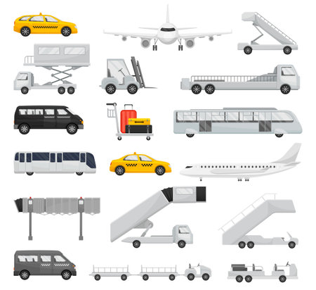 Airport Transfer with Transport in the Terminal with Plane, Taxi and Van Big Vector Setのイラスト素材