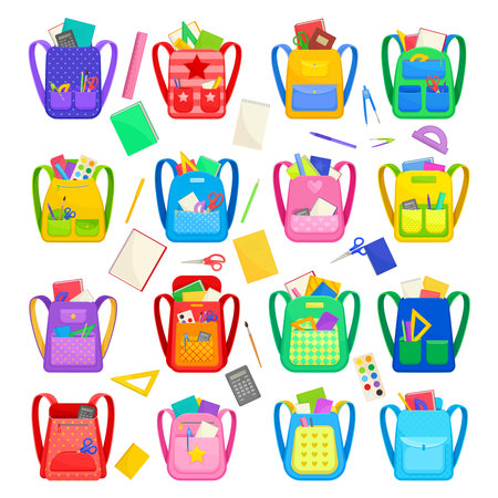Colored School Backpack with Supplies for Education and Study Big Vector Setのイラスト素材