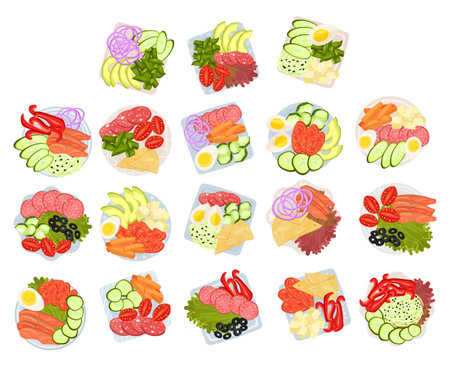 Sliced and Cut Vegetables, Wurst, Cheese and Fish Served on Plate Above View Big Vector Setのイラスト素材
