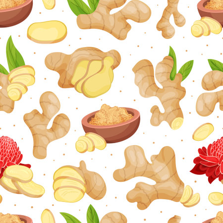 Organic Ginger Seamless Pattern Design with Root and Blooming Flower Vector Templateのイラスト素材