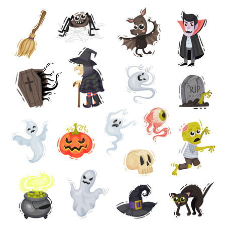 Halloween Symbols and Attributes with Ghost, Witch, Pumpkin, Black Cat, Spider and Zombie Big Vector Setのイラスト素材