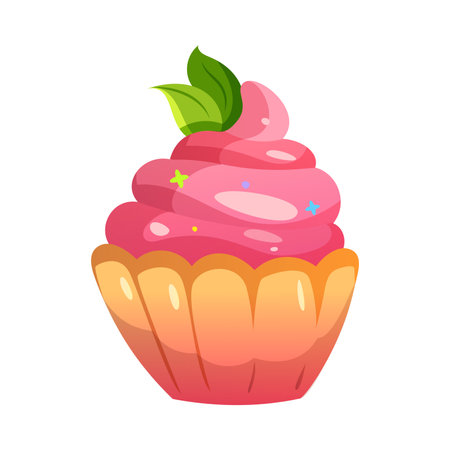 Cupcake with Pink Whipped Cream as Festival and Birthday Party Element Vector Illustrationのイラスト素材