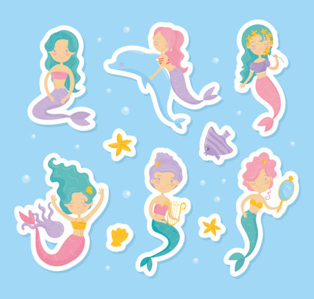 Mermaid Stickers with Cute Swimming Girl with Fish Tails Vector Setのイラスト素材