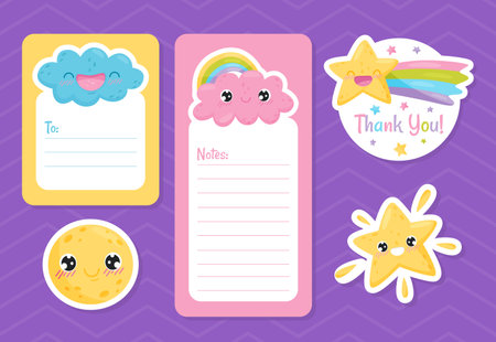 Note Sheet Page with Cute Sun, Cloud and Star Vector Templateのイラスト素材