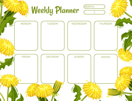 Dandelion Weekly Planner Design with Flowering Plant with Yellow Flower Head Vector Templateのイラスト素材
