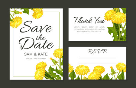 Dandelion Invitation Letter or Card Design with Flowering Plant with Yellow Flower Head Vector Templateのイラスト素材