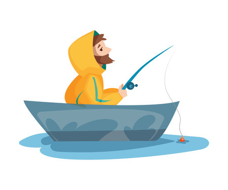 Bearded Fisherman on Board of Boat Capturing Fish with Rod Vector Illustrationのイラスト素材