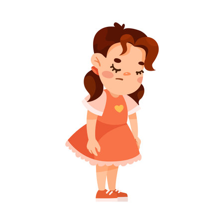 Funny Little Girl in Red Dress Expressing Emotion of Guilt Vector Illustrationのイラスト素材