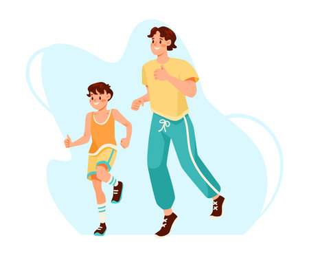 Man Parent with His Son Jogging Doing Sport and Physical Exercise Vector Illustrationのイラスト素材