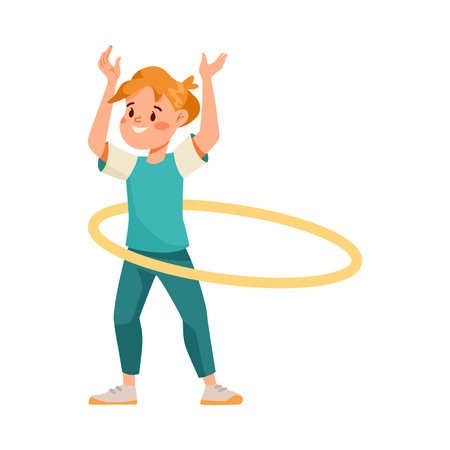 Little Boy Character with Hula ring Doing Sport Exercise Vector Illustrationのイラスト素材