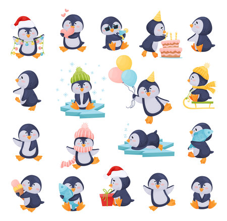 Penguin Character Enjoying Winter Season Big Vector Setのイラスト素材