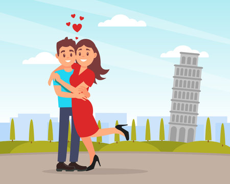 Romantic couple having journey and sightseeing in Pisa. Happy loving couple having in park, red hearts flying over them cartoon vectoのイラスト素材