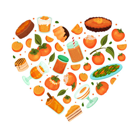 Tasty desserts made of persimmon fruit in heart shape. Persimmon pie, jam, cake, cupcake, smoothie cartoon vectorのイラスト素材