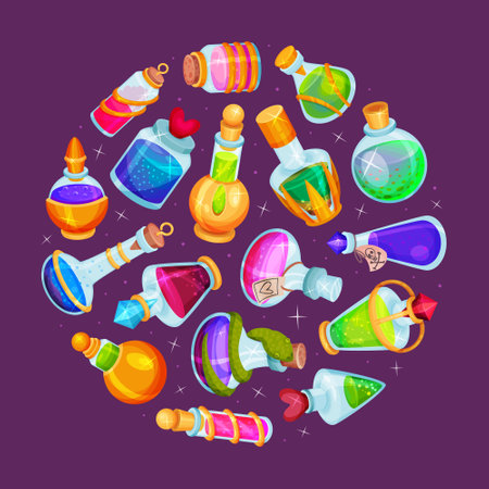 Potion Bottles Round Composition Design with Magic Liquid in Glass Jar on Purple Background Vector Templateのイラスト素材