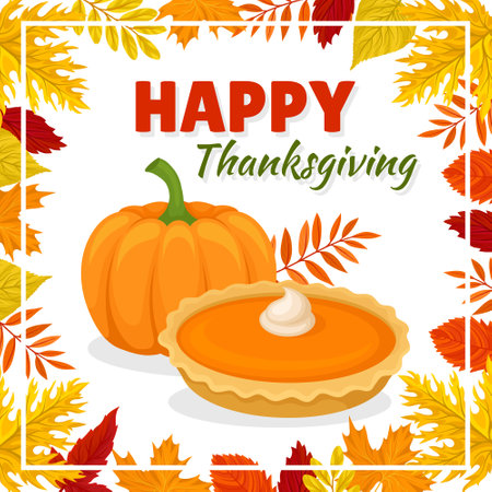 Happy Thanksgiving banner. Pumpkin pie traditional tasty dish for celebrating Thanksgiving and Harvest Festival cartoon vectorのイラスト素材