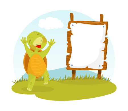 Cute happy turtle holding blank wooden signboard cartoon vectorのイラスト素材