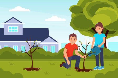 Male volunteer planting trees in city park in spring. Volunteering, environmental care cartoon vectorのイラスト素材