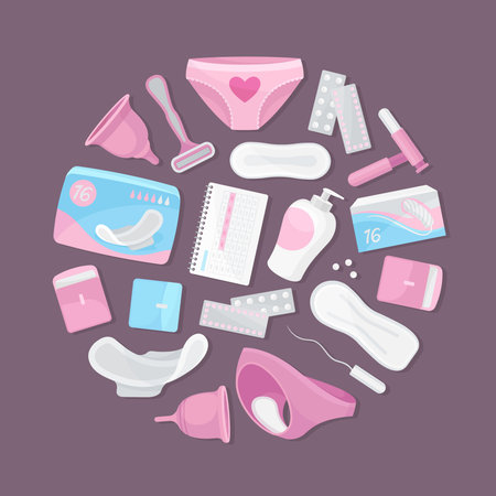 Feminine Hygiene Round Composition with Intimate Sanitary Objects Vector Templateのイラスト素材