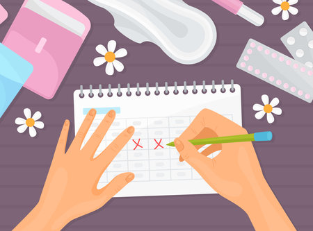 Hands Noticing Days at Calendar as Feminine Hygiene with Intimate Sanitary Objects Vector Templateのイラスト素材