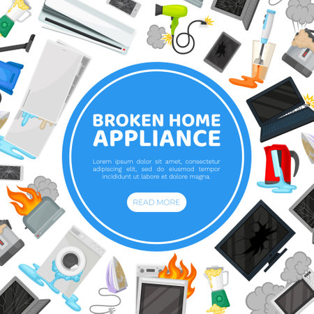 Broken Home Appliances Service and Repair Web Banner Design Vector Templateのイラスト素材