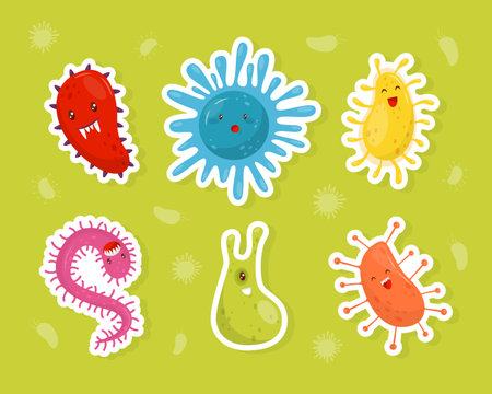 Funny Germs and Bacteria with Cute Face Vector Sticker Setのイラスト素材