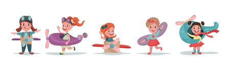 Cute Little Boy and Girl Playing Pilot with Plane and Goggles Vector Setのイラスト素材