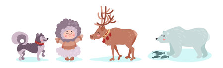 Alaska with Happy Inuit or Eskimo Girl Character and Animals Vector Setのイラスト素材