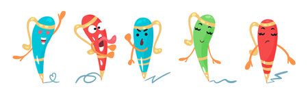 Funny Ballpoint Pen Character with Face and Arms Drawing Line with End Vector Setのイラスト素材