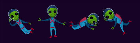Cute Green Aliens In Space Suits with Friendly Smiling Faces Vector Setのイラスト素材