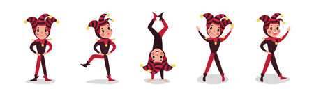 Little Boy in Harlequin or Clown Hat with Jingle Bells Jumping and Somersaulting Vector Setのイラスト素材
