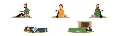 Homeless People Characters in Rags Begging for Help Vector Setのイラスト素材