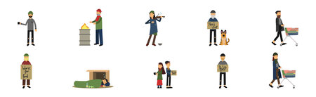 Homeless People Characters in Rags Begging for Help Vector Setのイラスト素材