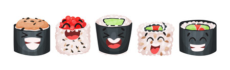 Kawaii Sushi with Rice and Fish Having Smiling Faces Vector Setのイラスト素材
