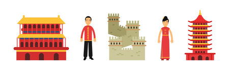 China Country Attributes with Great Wall, Pagoda and Traditional Clothing Vector Setのイラスト素材