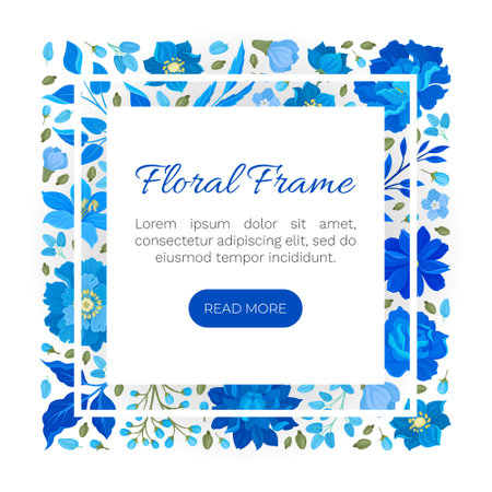 Blue Flowers Frame Design with Blooming Flora and Twigs Vector Templateのイラスト素材