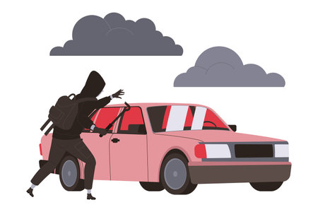 Crime with Man Criminal in Hoody Breaking Car Vector Illustrationのイラスト素材