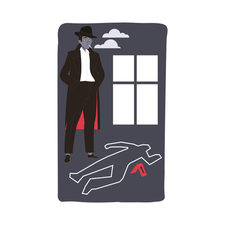 Male Detective in Hat Smoking Cigarette Standing at Killing Ground Vector Illustrationのイラスト素材