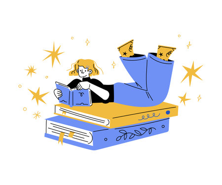 Education with Woman Character in Blue Jeans with Book Studying and Learning Discipline Vector Illustrationのイラスト素材