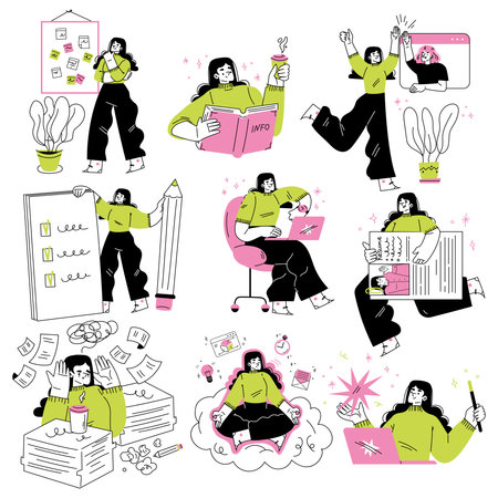 Woman on Freelance Working in Comfortable Conditions Vector Setのイラスト素材