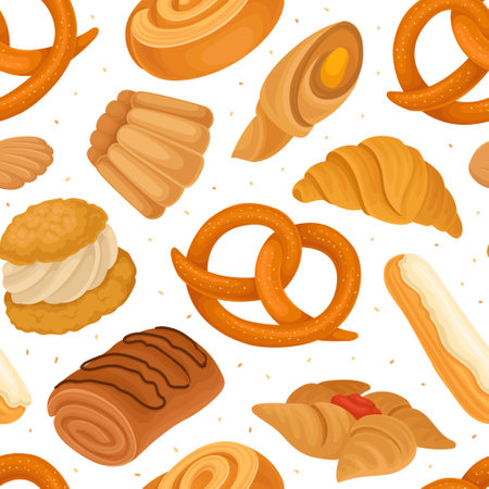 French Bakery and Pastry Seamless Pattern Design with Sweet Dough Products Vector Templateのイラスト素材