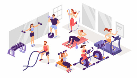 Man and Woman at Gym Doing Sport Training and Workout Vector Illustrationのイラスト素材