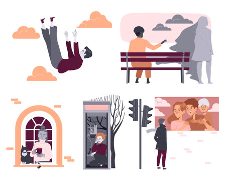 Loneliness with Lonely Man and Woman Character Feeling Depression and Sadness Vector Setのイラスト素材